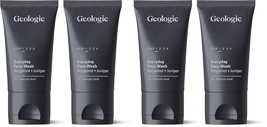 Geologie 2% Salicylic Acid Face Wash Bergamot + Juniper Scent | Facial Cleanser for Men & Women | Acne & Oil Control | Deep Cleansing & BHA Exfoliating Face Wash | 4-Pack