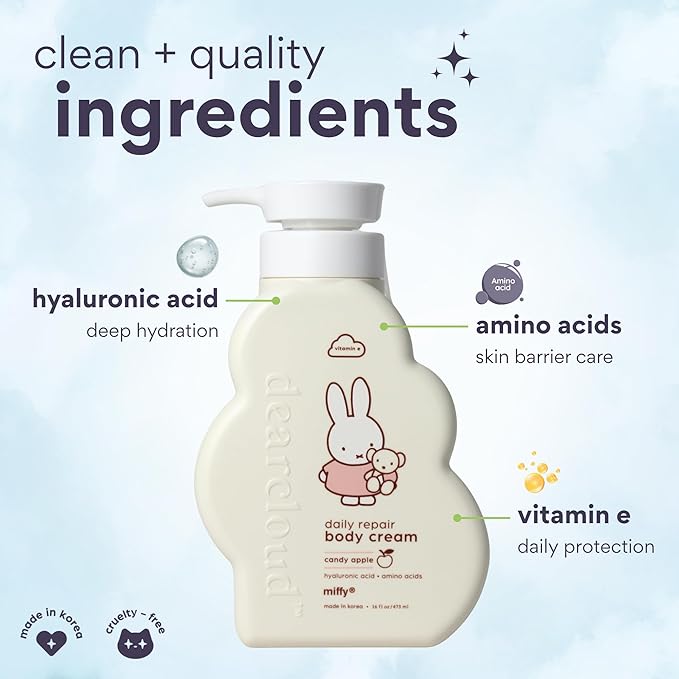 dearcloud Miffy Daily Repair Body Cream – Vitamin E & Hyaluronic acid - Korean Moisturizer & Body Lotion for Dry Skin - Candy Apple (16 fl oz)