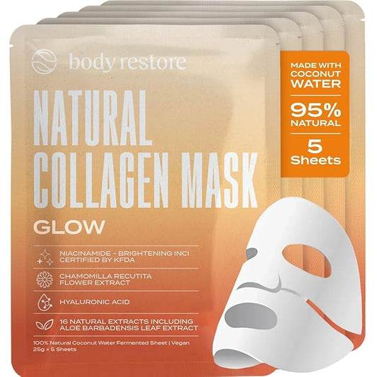 Body Restore Korean Bio-Cellulose Glow Face Mask (5 Pack) – Niacinamide & Vitamin C Sheet Mask for Dark Spots, Uneven Tone – Hydrating Facial Mask Skincare for Glowing Skin – K-Beauty