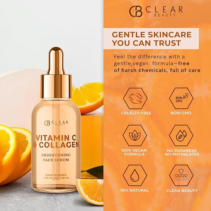 Clear Beauty Vitamin C Serum For Face with Collagen – Dermatologist Tested, Anti Aging, Korean Skin Care – Hydrates, Firms, Targets Dark Spots & Supports Skin Barrier – Vegan, Clean Beauty, 1.69 Fl Oz