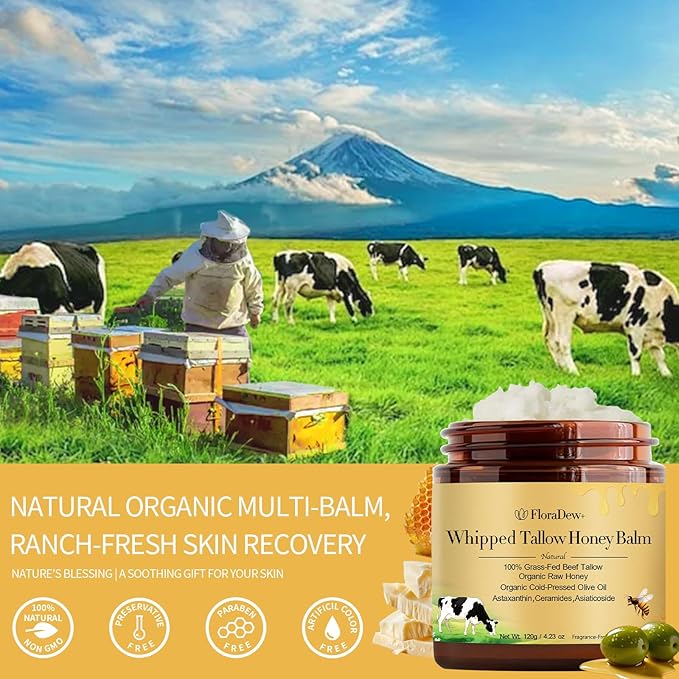 Tallow and Honey Balm - Organic Grass-Fed Beef Tallow for Skin - Moisturizer Deep Hydration for Body with Beef Tallow & Raw Honey & Infused Olive Oil 4.23 FL OZ (Uncented)