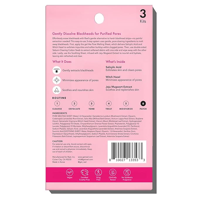 Rael Blackhead Remover, Miracle Patch Melting Pack, Nose Strips for Blackheads, Pore Cleansing and Soothing Sheets, 3 Step Kit, Sebum Removing Cotton Swabs