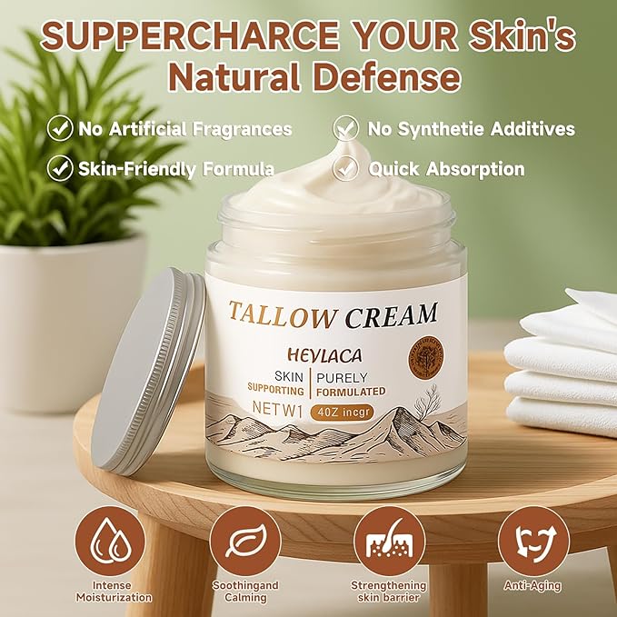 Organic Grass Fed Beef Tallow for Skin - Whipped Moisturizer for Skin + Face - Natural Body Lotion Cream Infused with Manuka Honey Beeswax Olive Oil(4 oz Unsented)