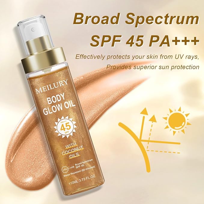 Body Glow Oil, SPF 45 Broad Spectrum, Sunscreen Body Oil with Rose Gold Mica, Moisturizing Coconut, Glow Moisturizer, Lightweight, Water Resistant, 3.72 fl oz(#3 AMBER)