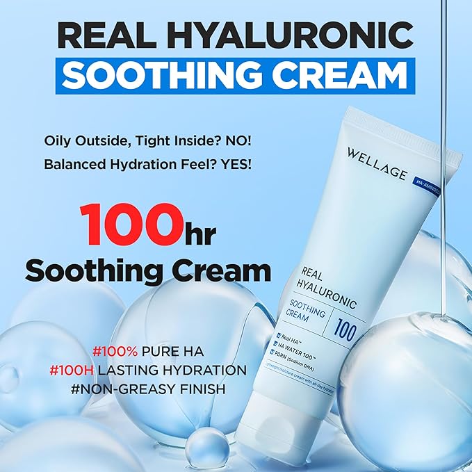 WELLAGE Real Hyaluronic Soothing Cream 100, Pure Hyaluronic Acid Korean Face Moisturizer with PDRN - Hydrating face moisturizer, Hypoallergenic, 2.7oz.