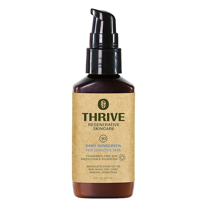 Thrive Natural Care Mineral Face Sunscreen for Sensitive Skin SPF 30, 2 Ounces - Moisturizing Unscented Sunscreen for Face - Broad Spectrum with Clear Zinc Oxide - Vegan