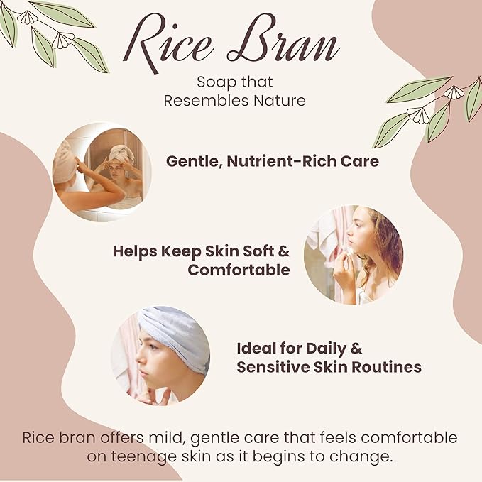 CDH7DAYS Rice Bran Soap Bar for Teens, EWG Verified & Vegan, Low pH 5.5–6.0, Korean Handmade Natural Body Soap, Unscented, Plant-Based Gentle Cleanser, 5oz