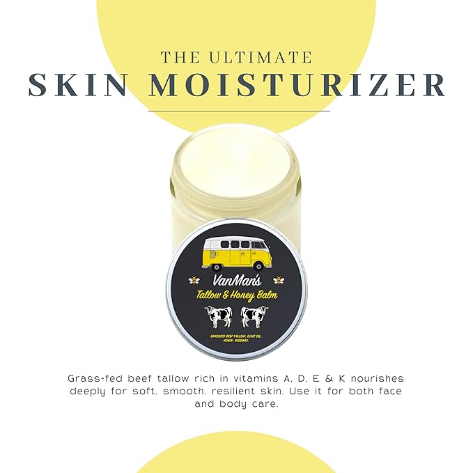 Vanman's Tallow and Honey Balm With No Added Scent (3 Pack) - Beef Tallow Face Moisturizer with Grass-Fed/Finished Beef Tallow for Skin, Organic Raw Honey and Beeswax, Cold Pressed Olive Oil - 2 oz