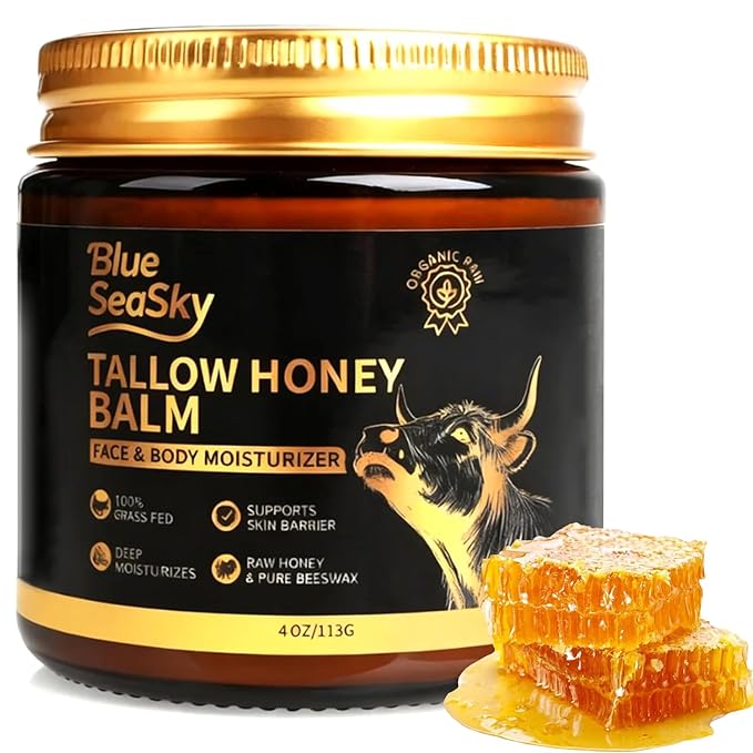 Blue Sea Sky Beef Tallow for Skin Handmade Whipped Beef Tallow for Face Cream Body & Face Moisturizer with Organic Grass-Fed Beef Tallow and Honey Balm Natural Formula for Dry & Sensitive Skin (4/OZ