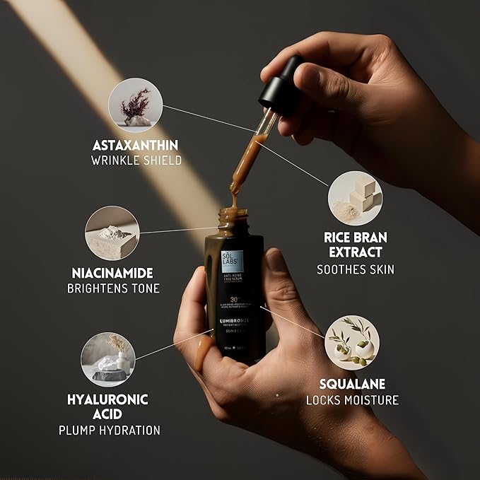 SOL LABS LUMIBRONZE SPF 30 Anti-Aging Bronzing Face Serum - Hydrating Tinted Mineral Sunscreen with Niacinamide, Hyaluronic Acid & Zinc Oxide - Matte, Non-Greasy Finish, Lightweight, Reef-Safe - 50ml