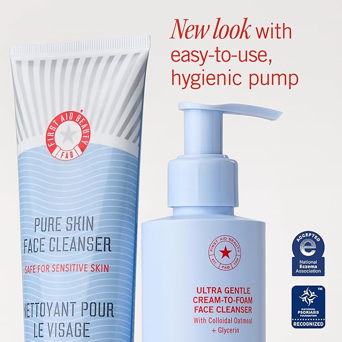 First Aid Beauty Ultra Gentle Cream-to-Foam Facial Cleanser – Makeup Removing Face Cleanser - Face Wash with Colloidal Oatmeal & Glycerin, for Sensitive, Acne & Blemish-Prone Skin, 2 oz