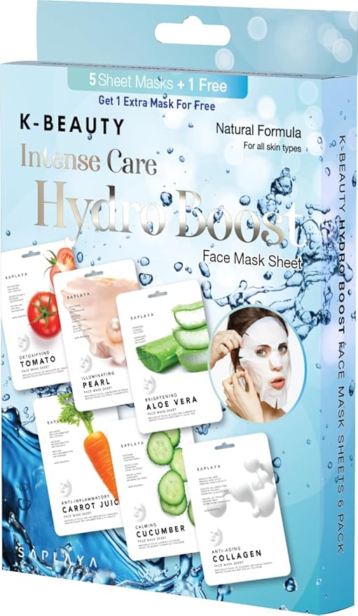 Saplaya K-Beauty Facial Skincare Natural Beauty Multi-Pack Face Sheet Masks Balanced Skin Care Made In South Korea (Hydro Boost (Cucumber, Tomato, Carrot, Aloe, Pearl, Collagen))