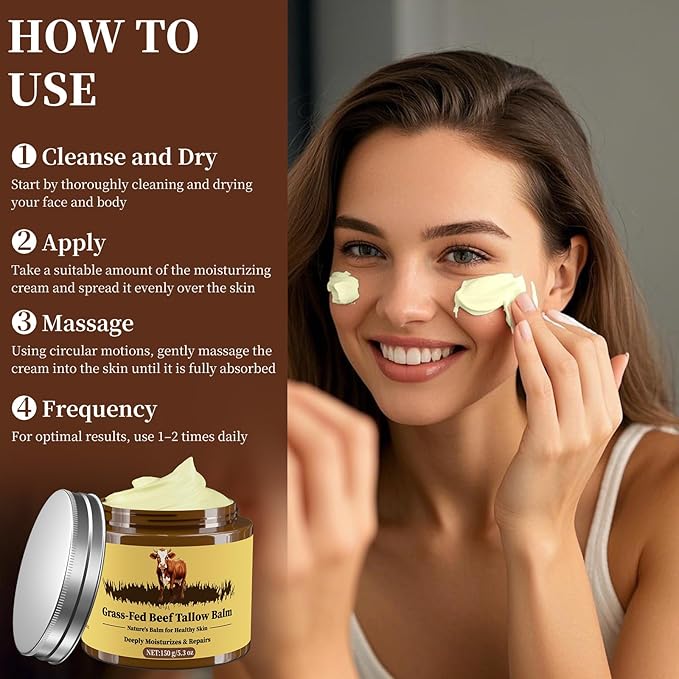Beef Tallow for Skin, Tallow and Honey Balm, Facial Moisturizer Cream, 100% Organic Grass Fed Whipped Beef Tallow Balm Deeply Moisturizing for Face & Body, Suitable For All Skin Types(5.3oz)