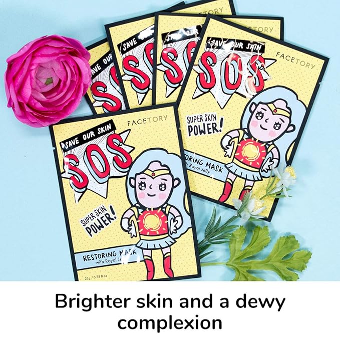 FACETORY K Beauty Face Mask Skin Care - SOS SAVE OUR SKIN RESTORING Sheet Mask with Royal Jelly & Aloe | Calm Appearance, Dewy Skin (5 Pack)