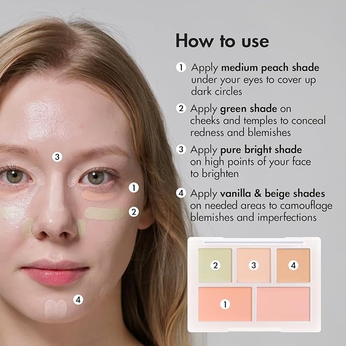 LUNA Conceal Blender Palette 01 Clear Cover 5-in-1 Color Correcting and Concealing with Beige, Green, Vanila, Medium Peach and Pure Bright Buildable, Suitable for Neutral and Warm Tones