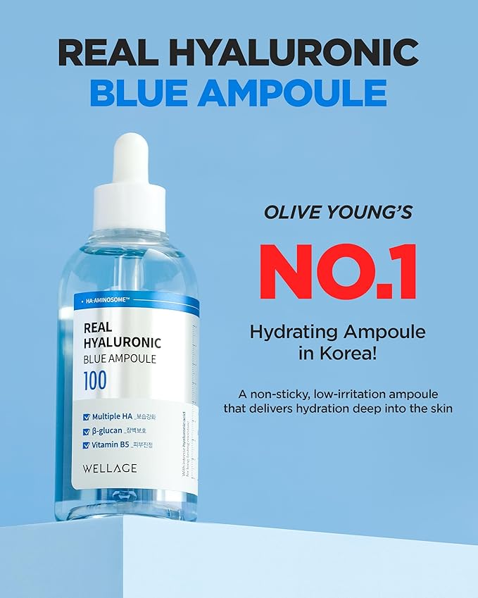WELLAGE Real Hyaluronic Blue Ampoule 100, Korean Hydrating Serum for Face, Hyaluronic Acid Serum with Panthenol for Sensitive Skin, (3.38Fl.oz + 2.53Fl.oz)