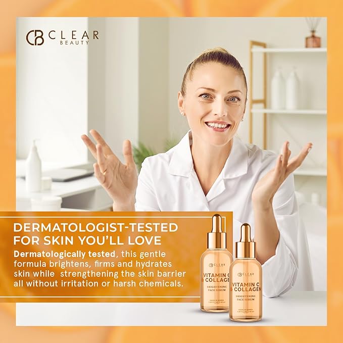 Clear Beauty Vitamin C Serum For Face with Collagen – Dermatologist Tested, Anti Aging, Korean Skin Care – Hydrates, Firms, Targets Dark Spots & Supports Skin Barrier – Vegan, Clean Beauty, 1.69 Fl Oz