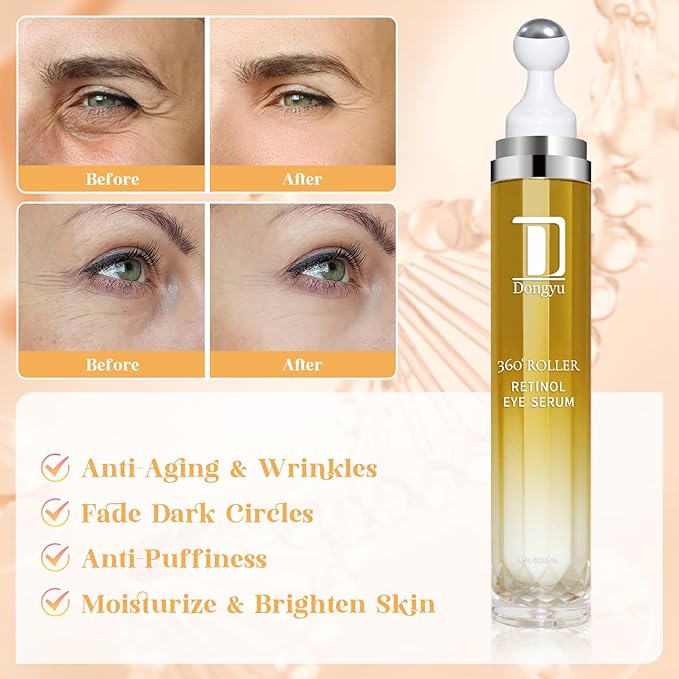 Dongyu Retinol Eye Serum 360° Roller: Cream with Massage Ball - Caffeine and Yeast Under Roller Anti Aging for Dark Circles Puffiness Bags- Reduce Wrinkles Fine Lines