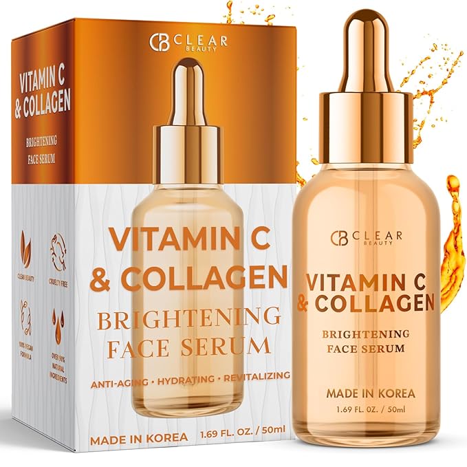 Clear Beauty Vitamin C Serum For Face with Collagen – Dermatologist Tested, Anti Aging, Korean Skin Care – Hydrates, Firms, Targets Dark Spots & Supports Skin Barrier – Vegan, Clean Beauty, 1.69 Fl Oz