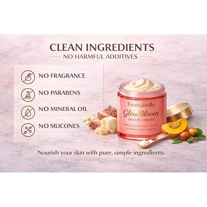 Emmabelle Beef Tallow for skin Whipped-Texture 100% Grass-Fed beef Tallow Moisturizer with Pumpkin Seed Oil, Honey, Rosehip & Mild Vanilla | Deep Hydration for Dry & Sensitive Skin. Free spatula. 4oz