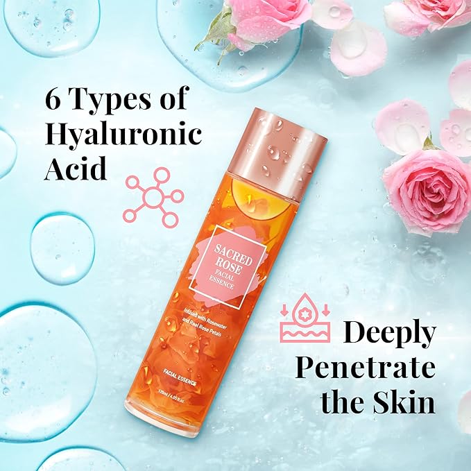 K BEAUTY SACRED ROSE FACIAL ESSENCE Face Brightening Serum Infused with Rose Water and 6 Types of Hyaluronic Acid Serum for Face Provides Intense Hydration for Fresh, Dewy Look