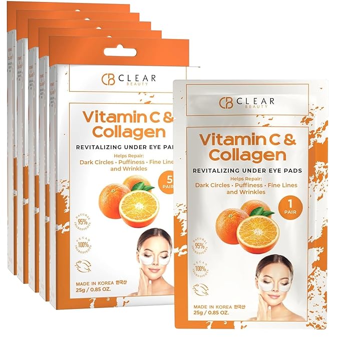 Clear Beauty Vitamin C & Collagen Under Eye Patches – Reduces Dark Circles, Puffiness & Fine Lines – Hydrating & Firming Eye Pads – Dermatologist Tested, Korean Skin Care, Vegan Clean Beauty – 5 Pack