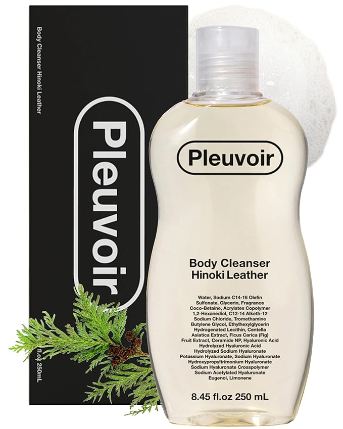 Pleuvoir Hinoki Leather Perfume Body Wash - French MANE × Japanese Cypress (Cedar & Musk), Unisex Woody Shower Gel, Rich Moisturizing Foam with 8 Types Hyaluronic Acid Ceramides, 8.45 fl.oz