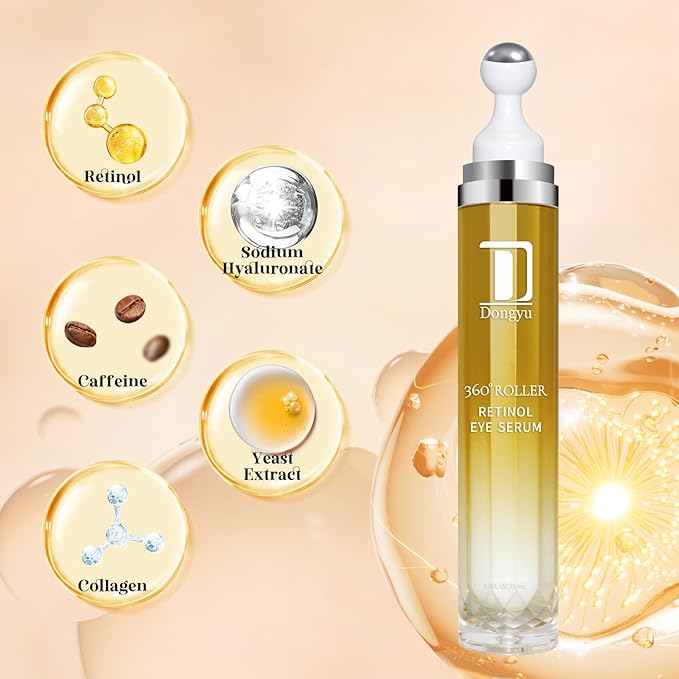 Dongyu Retinol Eye Serum 360° Roller: Cream with Massage Ball - Caffeine and Yeast Under Roller Anti Aging for Dark Circles Puffiness Bags- Reduce Wrinkles Fine Lines