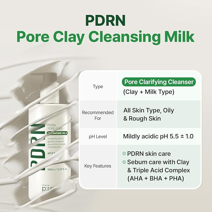 MAKE P:REM PDRN Pore Clay Cleansing Milk, Hydrating Gentle Face Wash for Sensitive Skin, Korean Face Wash, 16.90 fl.oz. (500ml)
