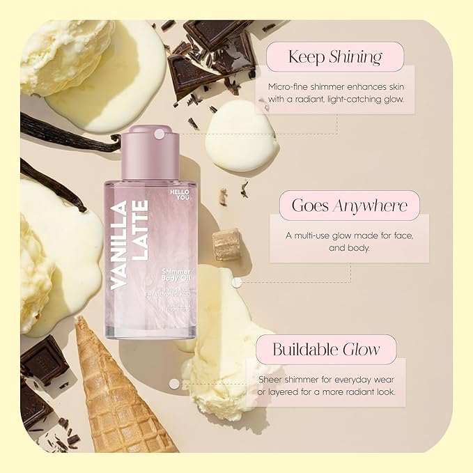 Hello You Jojoba Oil & Hyaluronic Acid Shimmer Body Oil – Dermatologist Tested, Anti Aging, Korean Skin Care – Deep Hydration & Plumping Glow With Vanilla Latte Scent – Vegan Clean Beauty – 3.38 Fl Oz