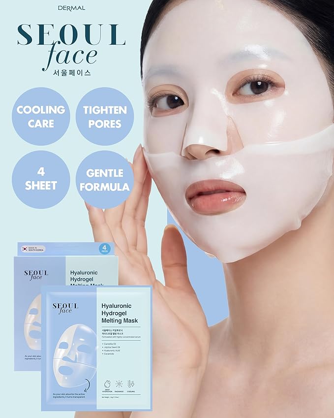 DERMAL Seoul Face Hyaluronic Hydrogel Melting Mask (4 Pack) - Korean Overnight Cooling Gel Face Mask with Ceramide & Nano Hyaluronic Acid - Pore Minimizing & Hydrating Ritual for Glow Skin
