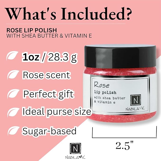 Rose Lip Polish, 1 oz by Nabila K - Hydrating Lip Exfoliator & Moisturizer with Shea Butter and Vitamin E for Dry and Chapped Lips - Cruelty-Free, Real Sugar, Made in USA