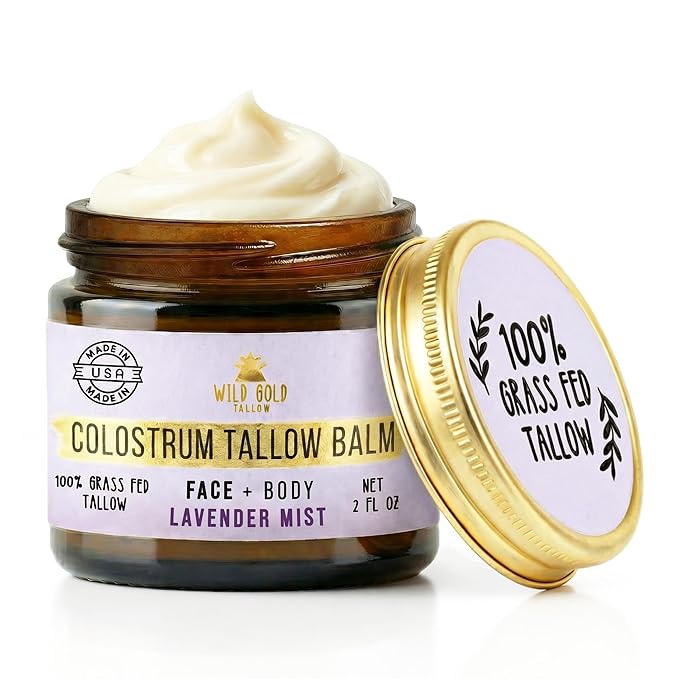 100% Grass Fed Tallow Balm with First Colostrum & Emu Oil - Handmade in USA Whipped Beef Tallow for Face and Body, Sensitive Skin Tallow Moisturizer made with True First Colostrum, (Lavender Mist)