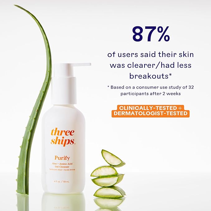 Three Ships - Purify Aloe + Amino Acid Gel Cleanser | Moisturize, Cleanse, Replenish Skin | Cruelty-Free, Vegan, Paraben-Free, Sensitive Skin Safe (4 fl oz | 118 mL)