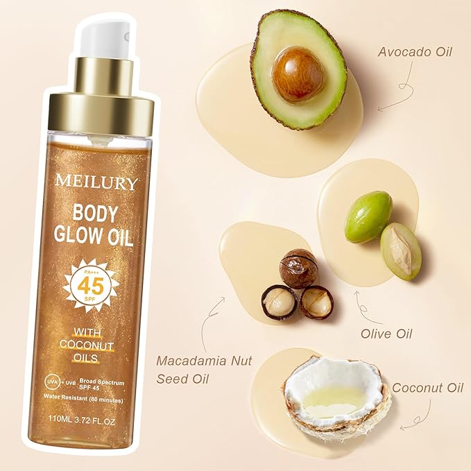 Body Glow Oil, SPF 45 Broad Spectrum, Sunscreen Body Oil with Rose Gold Mica, Moisturizing Coconut, Glow Moisturizer, Lightweight, Water Resistant, 3.72 fl oz(#3 AMBER)
