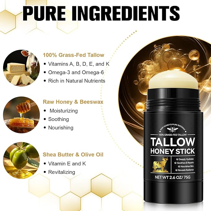 Eloix Tallow Honey Balm & Stick, All-Natural Moisturizer with Beef Tallow and Raw Honey for Face & Body, Handmade Formula for Dry, Sensitive Skin, Promotes Longevity, Firming & Hydration