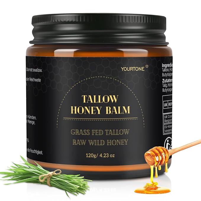 Beef Tallow for Skin, Tallow and Honey Balm for Face, Grass-fed Beef Tallow Face Moisturizer for Deep Nourish and Soothe Dry Skin (4.23oz/120g)