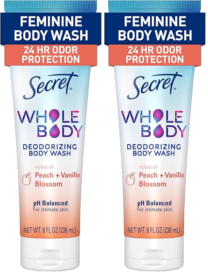 Secret Feminine Wash, 24 HR Deodorizing Feminine Body Wash for Women, Removes 6x Causes of Odor, PH Balanced, Safe to Use Everywhere, Peach & Vanilla Blossom Scent, 8.0 oz, (Pack of 2)