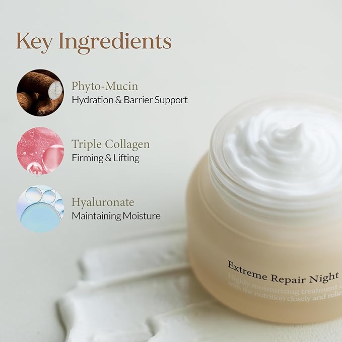 LU'PIUM Extreme Repair Night Cream – Vegan Overnight Barrier Recovery & Firming Moisturizer with 5 Plant Phytomucin Complex, Triple Collagen & Ectoine, Inspired by Korean Skincare