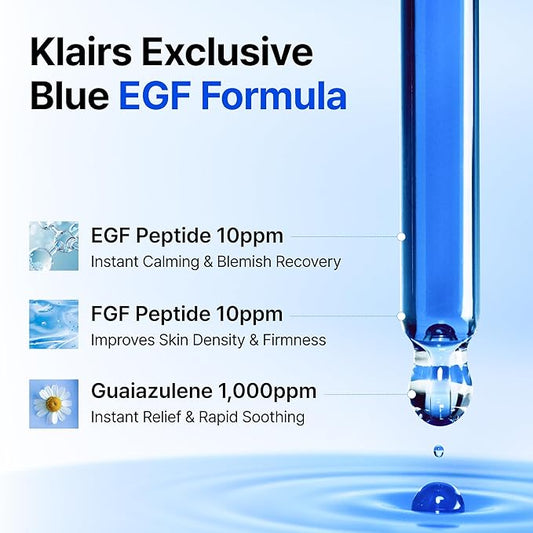 DearKlairs Korean EGF Serum – Blue Youth Activating Drop with EGF Peptides and Guaiazulene, Repairing Serum for Redness and Blemish-prone Skin, Visibly Fades Post-Blemish Marks, 0.33 Fl Oz