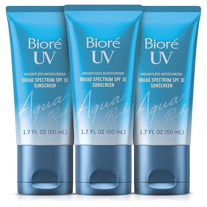 Biore UV Aqua Rich Daily Hydrating Facial Moisturizer with SPF 30 | Oil Free Sunscreen for Sensitive Skin with Hyaluronic Acid, Non-Comedogenic, Dermatologist Tested, 1.7 Oz/3 Pack