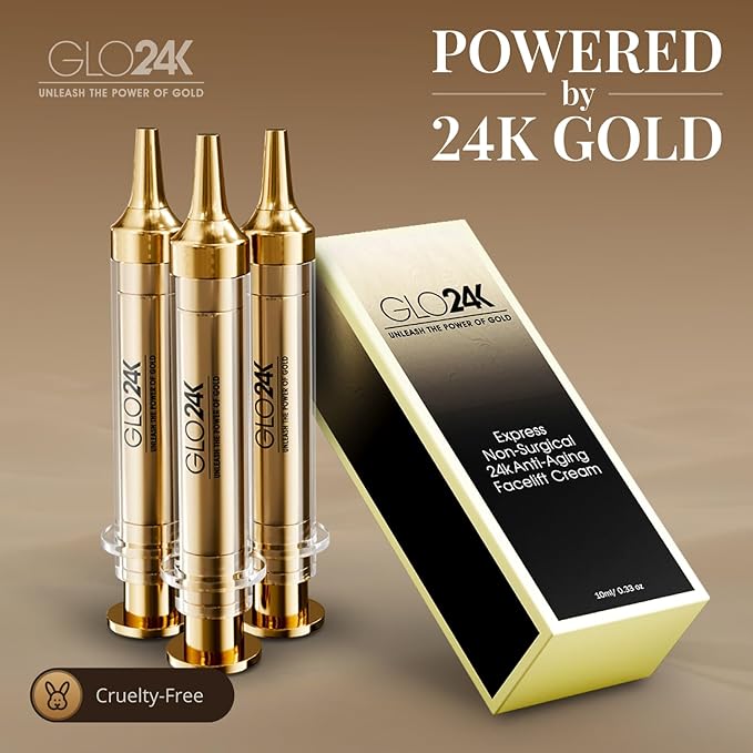 GLO24K Instant Facelift Cream with 24k Gold, Hyaluronic Acid, Peptides, and Vitamins. Value Pack of 2. A powerful non-invasive alternative to injections.