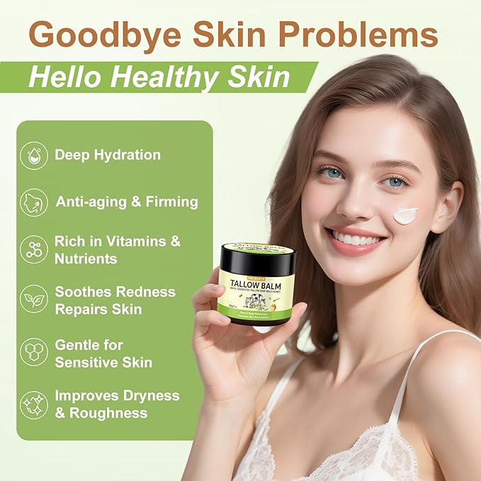 Organic Grass-Fed Beef Tallow & Raw Honey Balm – Handmade Whipped Moisturizer for Face & Body, Soothes Eczema, Rosacea, Dry & Sensitive Skin – Unscented, All-Natural, Chemical-Free (6 Packs / 12oz)