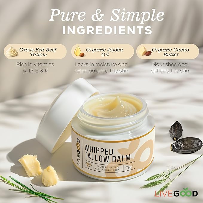 LIVEGOOD Whipped Tallow Balm, Grass Fed Beef Tallow for Skin with Vitamins A, D, E, K, Deeply Moisturizing Beef Tallow Moisturizer for Face and Body Hydration (2 oz)