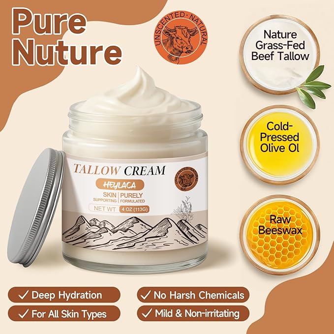 Organic Grass Fed Beef Tallow for Skin - Whipped Moisturizer for Skin + Face - Natural Body Lotion Cream Infused with Manuka Honey Beeswax Olive Oil(4 oz Unsented)
