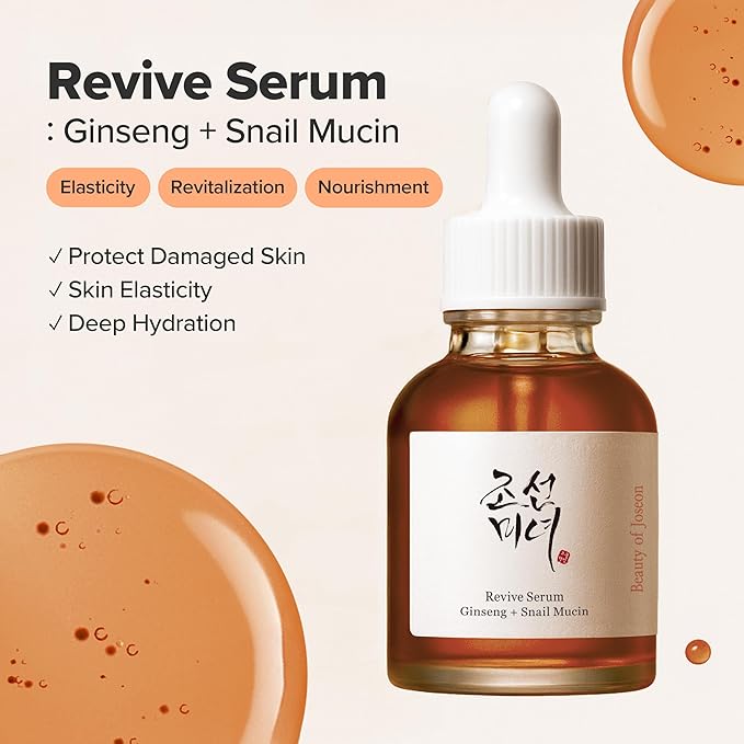 Beauty of Joseon Revive Snail Mucin Ginseng Serum Hydrating Peptide Facial Moisturizer Dark Spot Acne Scar Remover for Sensitive Face. Korean Skin Care for Men and Women, 30ml, 1fl. Oz
