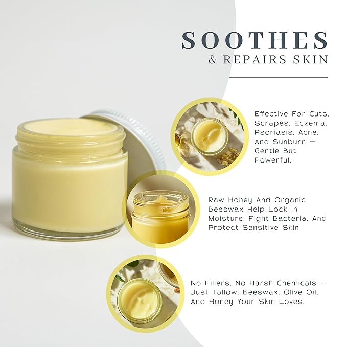 Vanman's - Tallow and Honey Balm With No Added Scent Jumbo - Beef Tallow Face Moisturizer with Grass-Fed/Finished Beef Tallow for Skin, Organic Raw Honey and Beeswax, Cold Pressed Olive Oil - 6.3 oz
