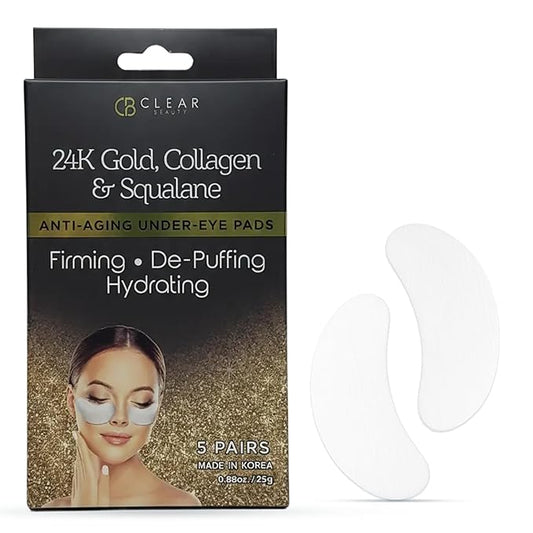 Clear Beauty, 24K Gold & Collagen Under Eye Patches For Dark Circles & Puffy Eyes – Firming & Hydrating With Squalane – Dermatologist Tested, Anti-Aging, Korean Skin Care – Clean Beauty – 5 Pairs