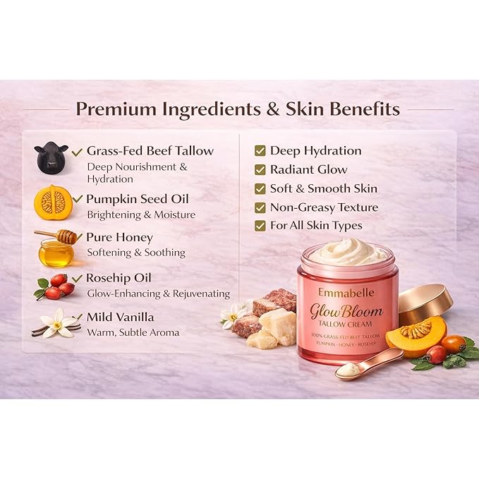 Emmabelle Beef Tallow for skin Whipped-Texture 100% Grass-Fed beef Tallow Moisturizer with Pumpkin Seed Oil, Honey, Rosehip & Mild Vanilla | Deep Hydration for Dry & Sensitive Skin. Free spatula. 4oz
