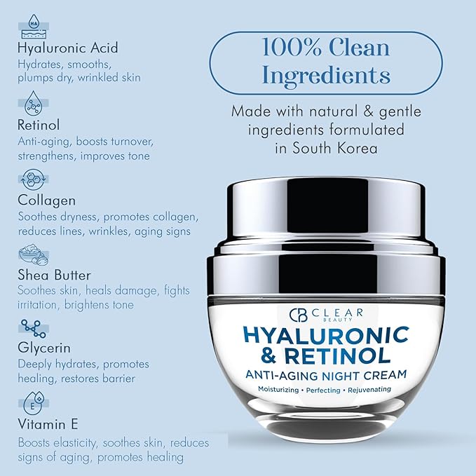 Clear Beauty Hyaluronic Acid & Retinol Face Moisturizer Night Cream – Dermatologist Tested, Deep Hydration, Firming & Smoothing – Anti Aging Korean Skin Care, Vegan, Clean Beauty – 1.69 Fl Oz
